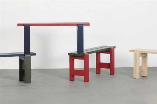 HAY Weekday Bench Duo B: 111 cm – Stahlblaue Tischplatte/Olivfarbenes Gestell