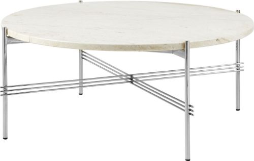 GUBI TS Coffee Table Ø: 80 cm - Polished Steel/Neutral White Travertine