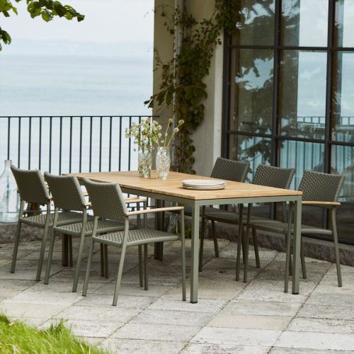 Mandalay Toscana Gartentisch L: 197 cm und 6 Siena Gartenstühle mit Teakholz-Armlehnen – Olivgrün
