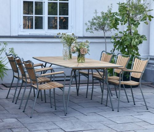 Mandalay Daisy Bootförmiger Tisch 200x90 cm inkl. 6 Gartenstühle Gartenmöbel-Set - Olivgrün/Teak