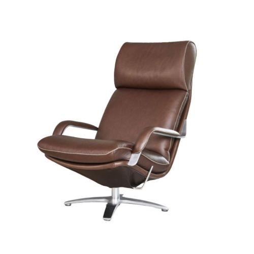 BERG Furniture Nasa Høj Åben Arm Lænestol m. Justerbar Nakkepude SH: 46 cm - Mat Aluminium/Rustical Choko Læder