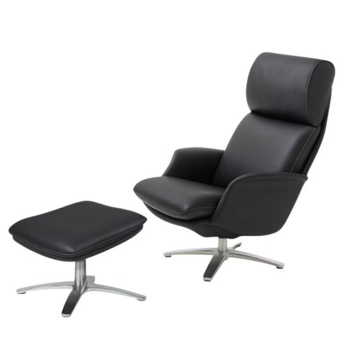 BERG Furniture Nasa Høj Lænestol m. Justerbar Nakkepude inkl. Skammel SH: 46 cm - Mat Aluminium/Berg Soft Sort Læder