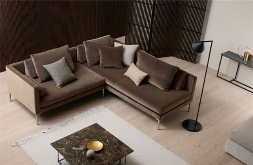 Juul 701 Ecksofa 230x220 cm – Pfirsich 21/Gebürsteter Edelstahl