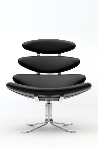 Fredericia Furniture 5000 Corona Lænestol m. Drejestel SH: 42 cm - Omni 301 Black Læder/Børstet Krom