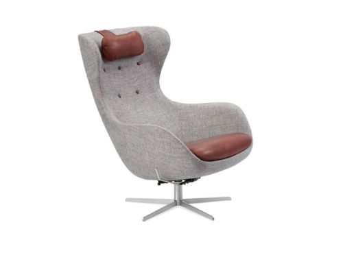 Søren Lund SL 407 Lænestol m. Nakkepude SH: 42 cm - Main Line Flax/Genova Nougat Læder/Satinkrom Sokkel m. Drej