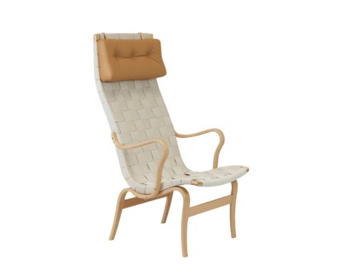Bruno Mathsson Mi 473 Eva Lænestol Høj Ryg m. Arm og Nakkepude SH: 34 cm - Lakeret Bøg / Natur Linnegjord