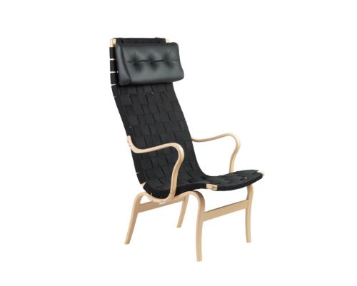 Bruno Mathsson Mi 473 Eva Lænestol Høj Ryg m. Arm og Nakkepude SH: 34 cm - Lakeret Bøg / Sort Linnegjord