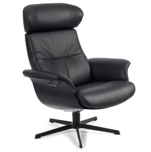 Conform Timeout Sessel inkl. Fußhocker SH: 42 cm – Schwarzes Fantasy-Leder mit schwarz gebeizter Eiche/schwarzem Aluminium