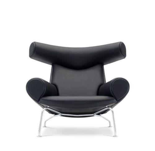 Fredericia Furniture 1000 Wegner Ox Lænestol SH: 36 cm - Sort Primo 88 Læder / Børstet Krom
