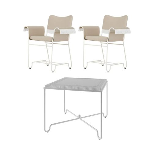 GUBI Tropique Dining Table 90x90 + Tropique Dining Chairs W. Fringes Havemøbelsæt - White Steel/Black Limonta 12