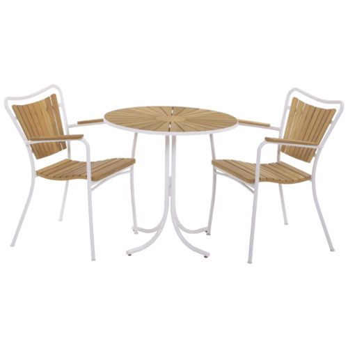 Mandalay Marguerit Cafébord Ø70 cm Inkl. 2 Havestole Havemøbelsæt - Hvid/Teak  