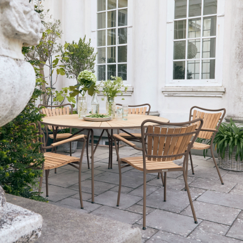 Mandalay Marguerit Gartentisch Ø: 140 cm inkl. 6 Gartenstühle Gartenmöbel-Set - Teak/Mocca