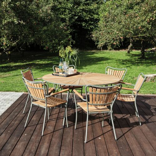 Mandalay Marguerit Gartentisch Ø140 cm Inkl. 6 Gartenstühle Gartenmöbel-Set - Teak/Olivgrün